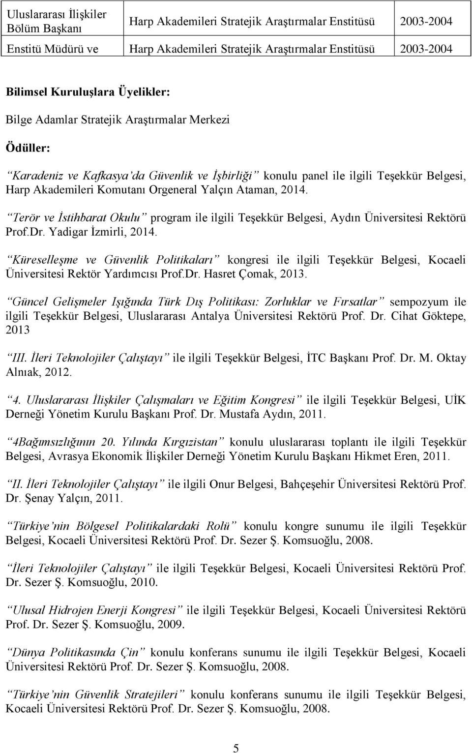 Ataman, 2014. Terör ve İstihbarat Okulu program ile ilgili Teşekkür Belgesi, Aydın Üniversitesi Rektörü Prof.Dr. Yadigar İzmirli, 2014.