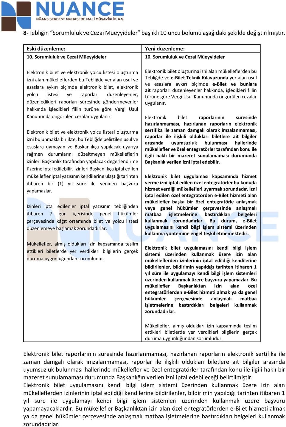 Sorumluluk ve Cezai Müeyyideler Elektronik bilet ve elektronik yolcu listesi oluşturma izni alan mükelleflerden bu Tebliğde yer alan usul ve esaslara aykırı biçimde elektronik bilet, elektronik yolcu