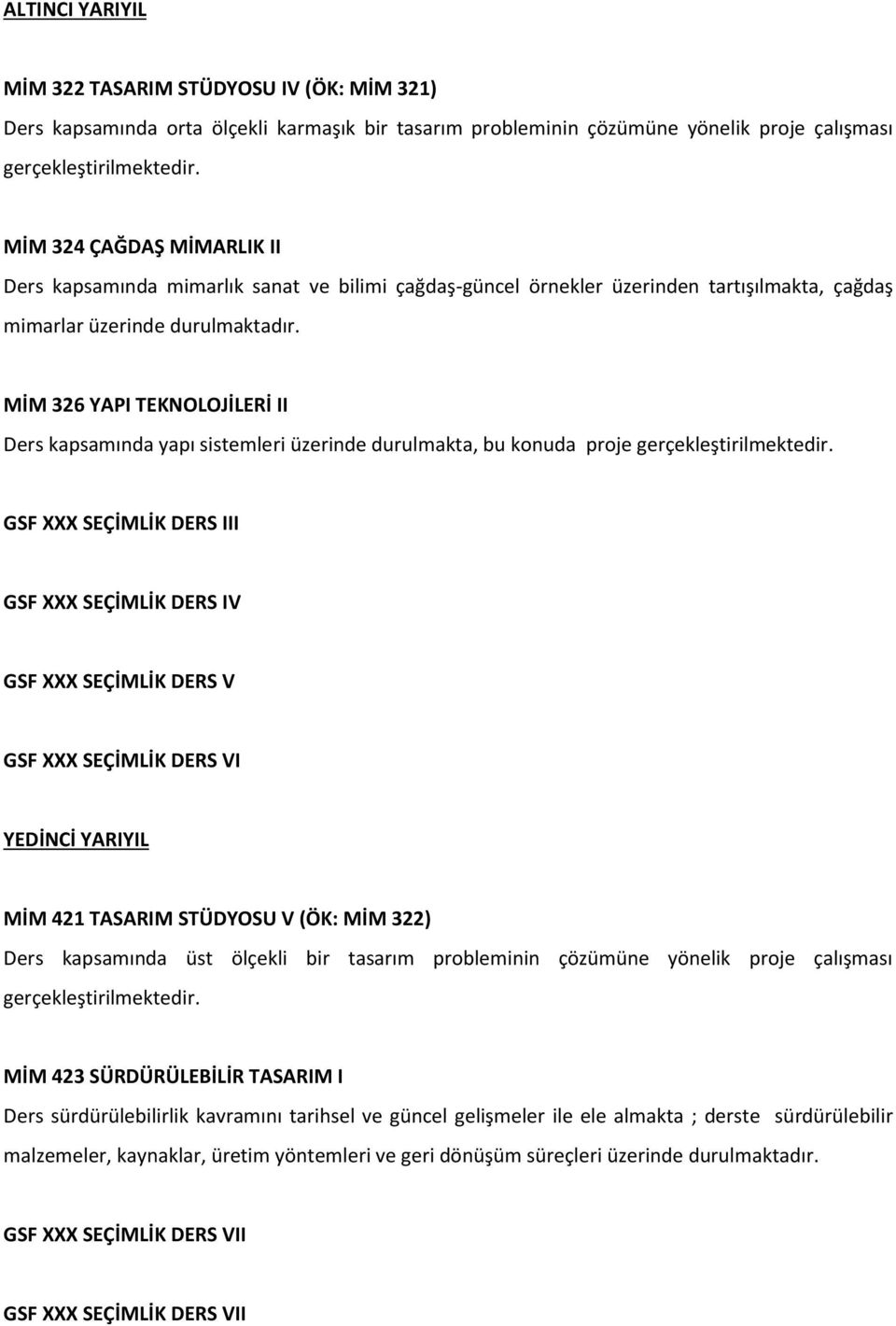 MİM 326 YAPI TEKNOLOJİLERİ II Ders kapsamında yapı sistemleri üzerinde durulmakta, bu konuda proje gerçekleştirilmektedir.