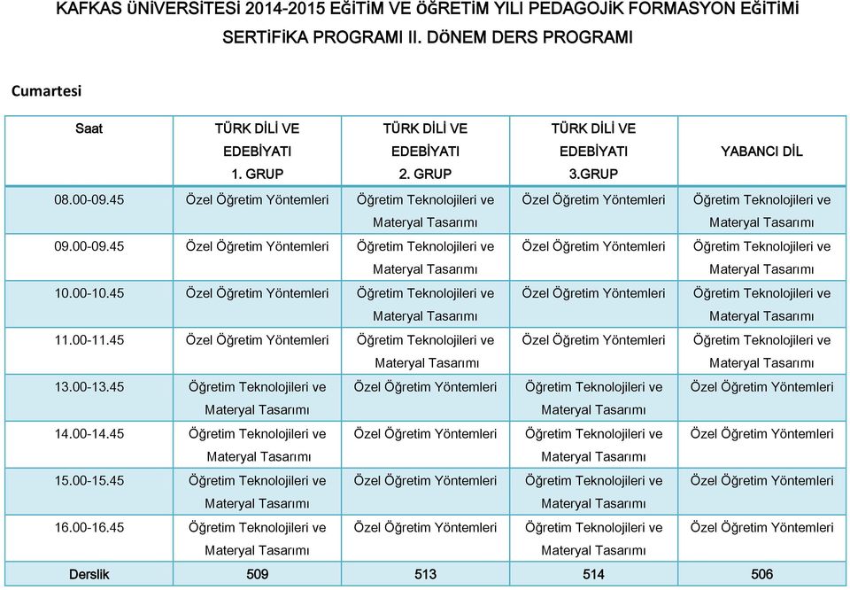 DÖNEM DERS PROGRAMI Cumartesi Saat TÜRK DİLİ VE TÜRK DİLİ VE TÜRK DİLİ VE EDEBİYATI