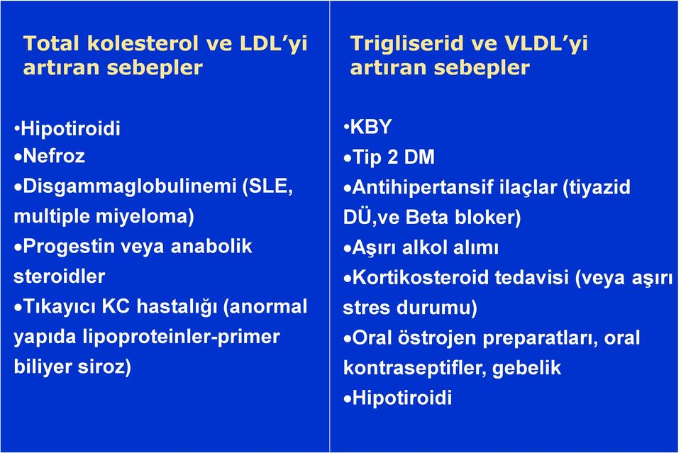 yapıda lipoproteinler-primer biliyer siroz) KBY Tip 2 DM Antihipertansif ilaçlar (tiyazid DÜ,ve Beta bloker) Aşırı
