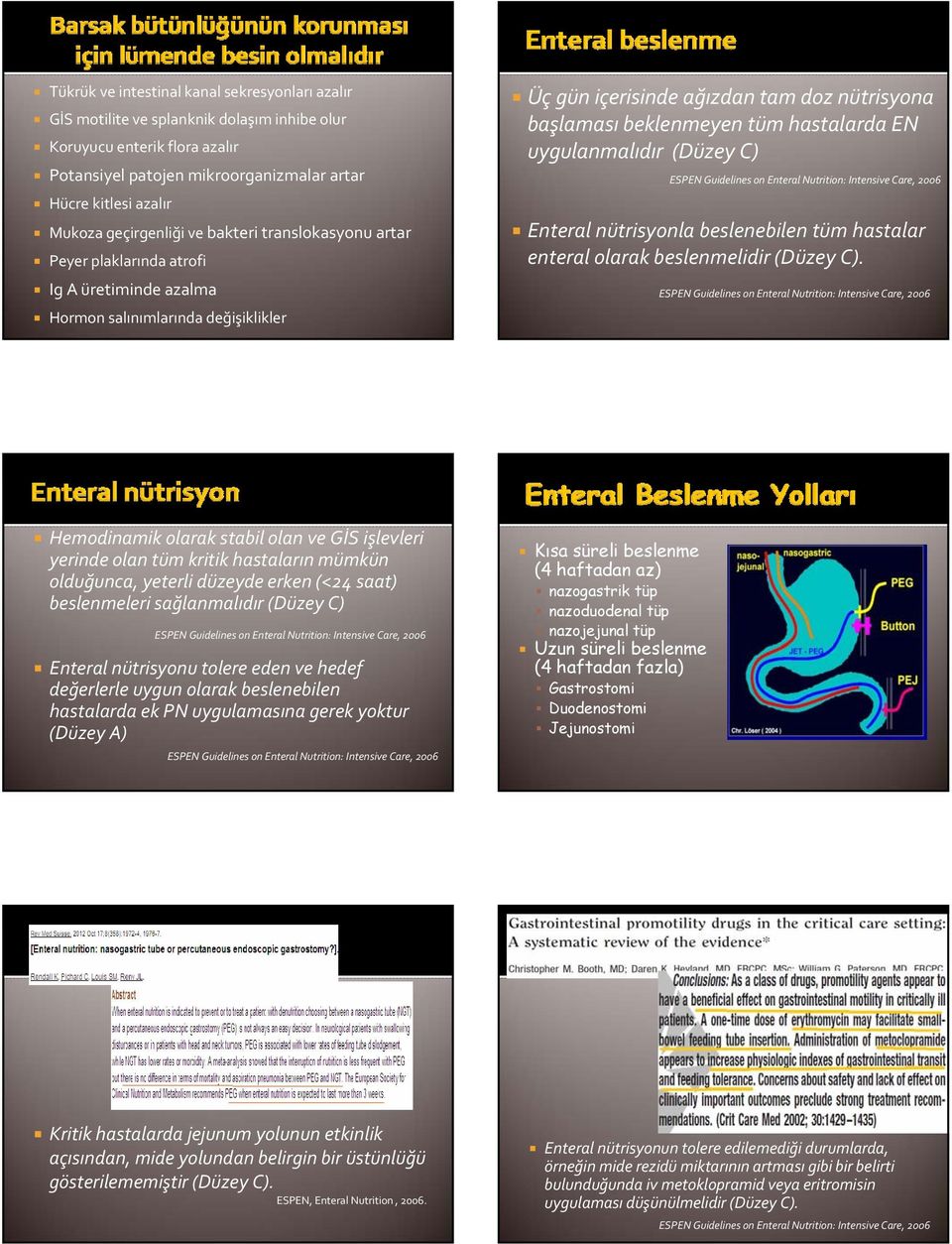 hastalarda EN uygulanmalıdır (Düzey C) ESPEN Guidelines on Enteral Nutrition: Intensive Care, 2006 Enteral nütrisyonla beslenebilen tüm hastalar enteral olarak beslenmelidir (Düzey C).