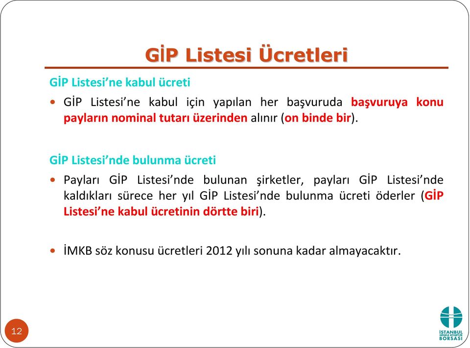 GİP Listesi nde bulunma ücreti Payları GİP Listesi nde bulunan şirketler, payları GİP Listesi nde kaldıkları