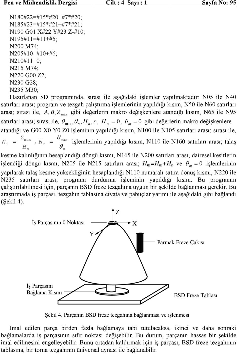 sırası ile,, B, ax gibi değerleri akro değişkelere atadığı kısı, N65 ile N95 satırları arası; sırası ile, θ ax, θ, H, r, H = 0, θ = 0 gibi değerleri akro değişkelere atadığı ve G00 0 0 0 işleii