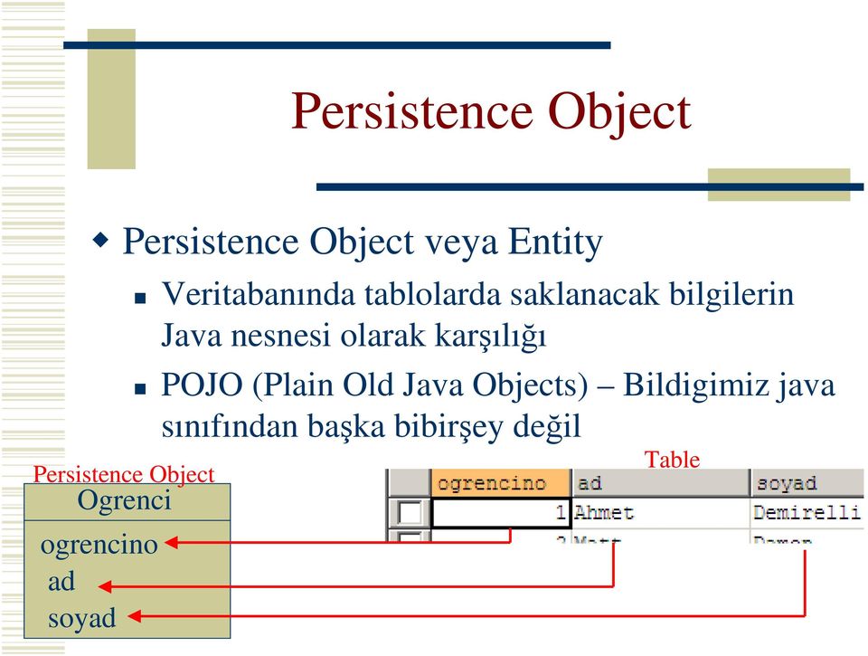 saklanacak bilgilerin Java nesnesi olarak karşılığı POJO (Plain