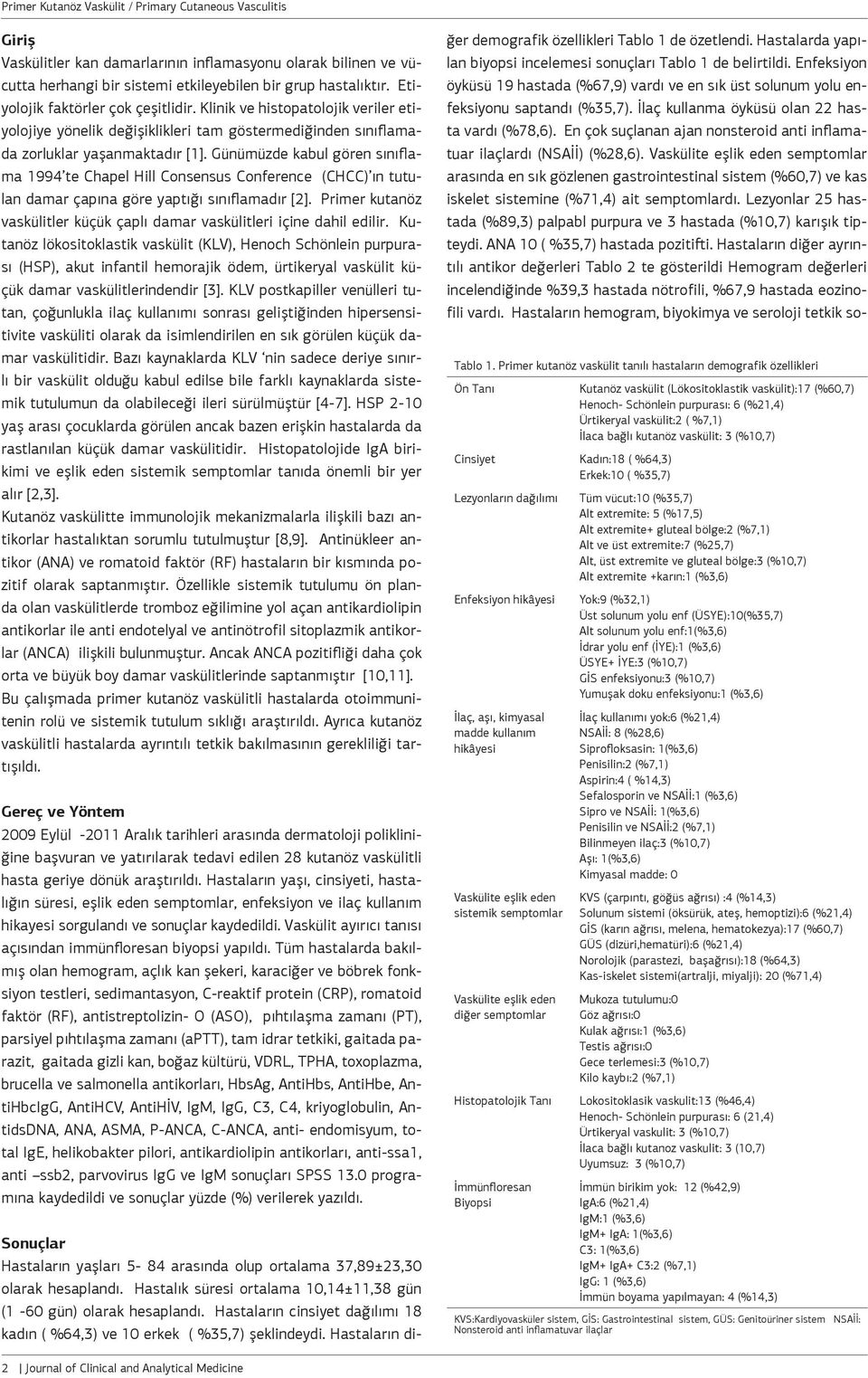 Günümüzde kbul gören sınıflm 1994 te Chpel Hill Consensus Conference (CHCC) ın tutuln dmr çpın göre yptığı sınıflmdır [2]. Primer kutnöz vskülitler küçük çplı dmr vskülitleri içine dhil edilir.