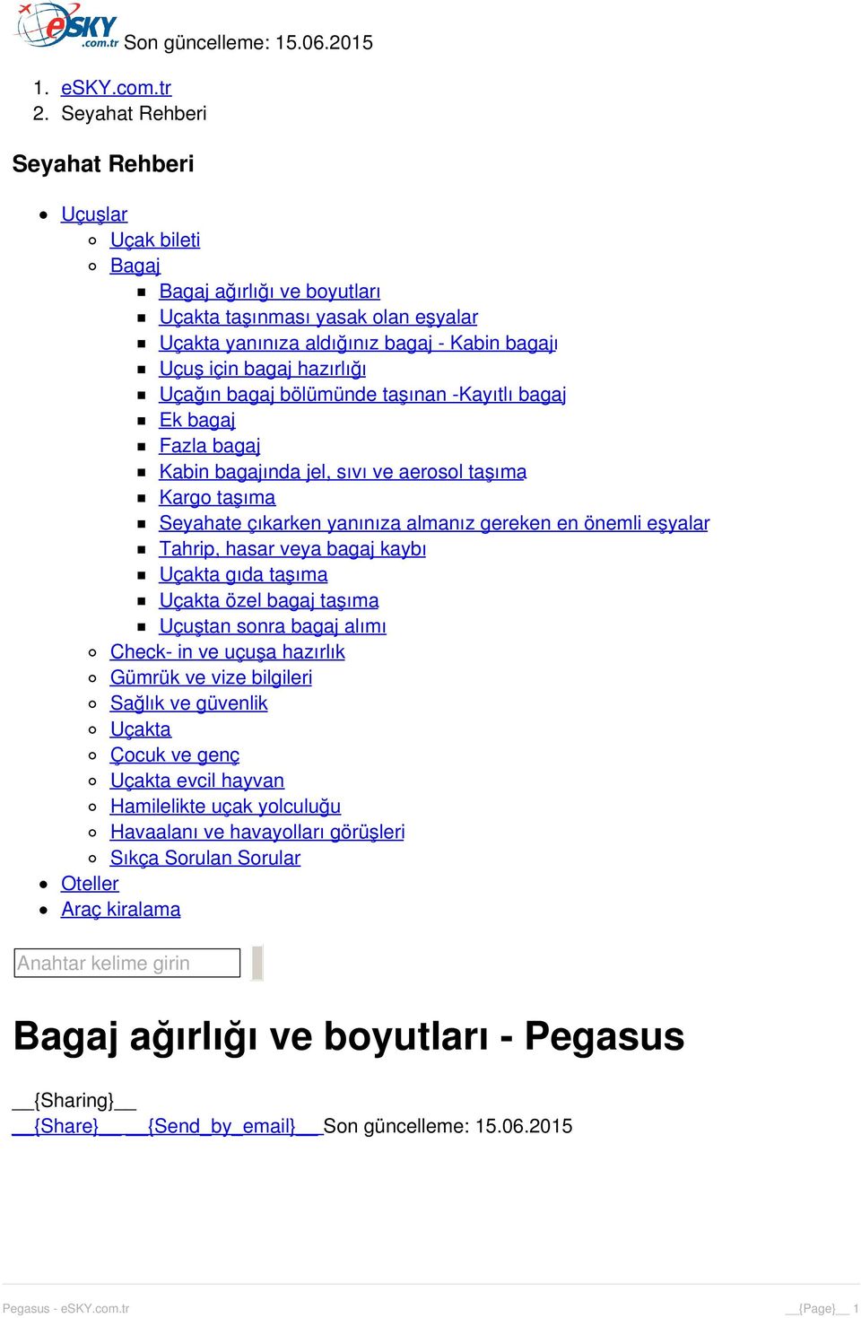 -Kayıtlı bagaj Ek bagaj Fazla bagaj Kabin bagajında jel, sıvı ve aerosol taşıma Kargo taşıma Seyahate çıkarken yanınıza almanız gereken en önemli eşyalar Tahrip, hasar veya bagaj kaybı Uçakta gıda