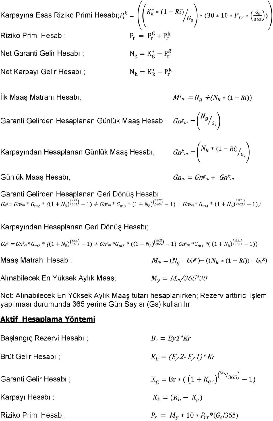 1 Gn g m * * 1 ö 1 + Gn g m * * 1 ö 1 Karpayından Hesaplanan Geri Dönüş Hesabı; Gd k Gn k m * * 1 ö 1 Gn k m * * 1 ö 1 Gn k m * *( 1 ö 1 Maaş Matrahı Hesabı; Mm ( - Gd g )+ (( 1) - Gd k )