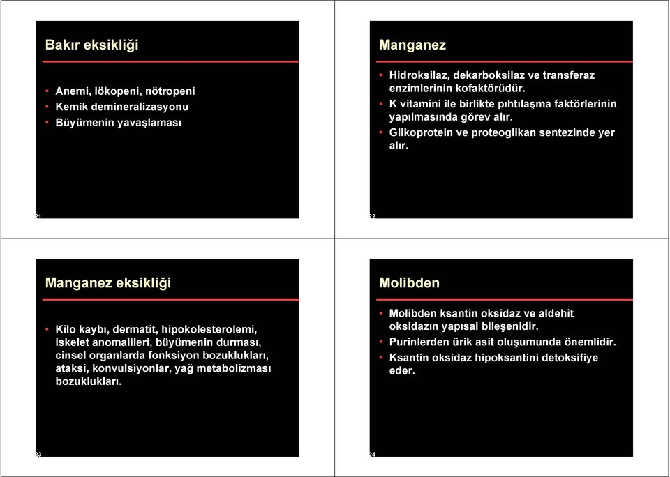 21 22 Manganez eksikli i Molibden Kilo kaybı, dermatit, hipokolesterolemi, iskelet anomalileri, büyümenin durması, cinsel organlarda fonksiyon bozuklukları, ataksi,