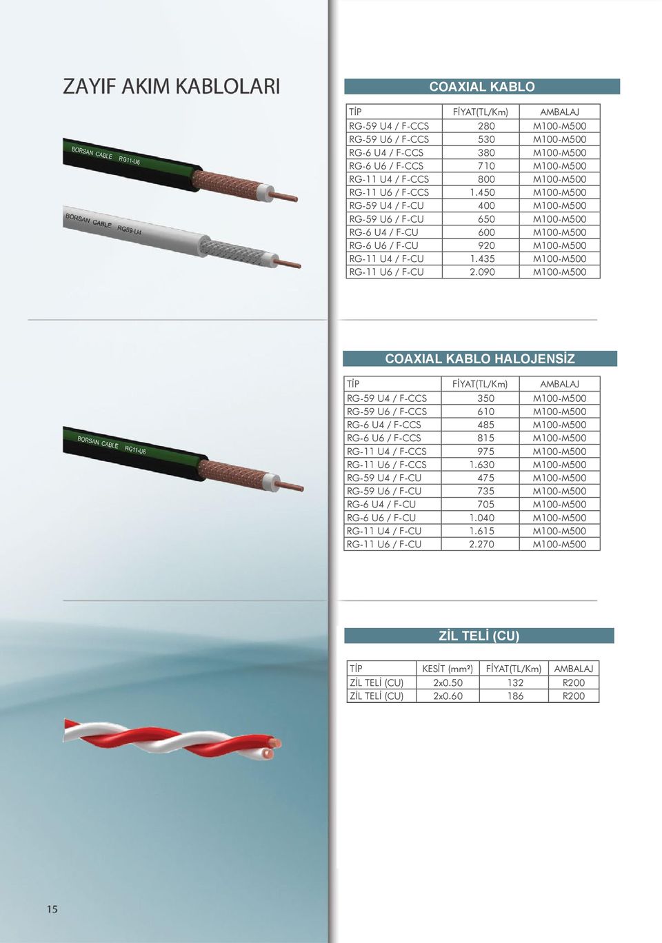 090 M100-M500 COAXIAL KABLO HALOJENSİZ TİP FİYAT(TL/Km) AMBALAJ RG-59 U4 / F-CCS 350 M100-M500 RG-59 U6 / F-CCS 610 M100-M500 RG-6 U4 / F-CCS 485 M100-M500 RG-6 U6 / F-CCS 815 M100-M500 RG-11 U4 /