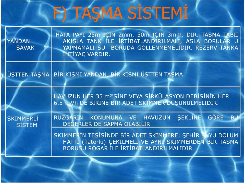 ÜSTTEN TAŞMA BİR KISMI YANDAN, BİR KISMI ÜSTTEN TAŞMA HAVUZUN HER 35 m 2 'SİNE VEYA SİRKÜLASYON DEBİSİNİN HER 6.