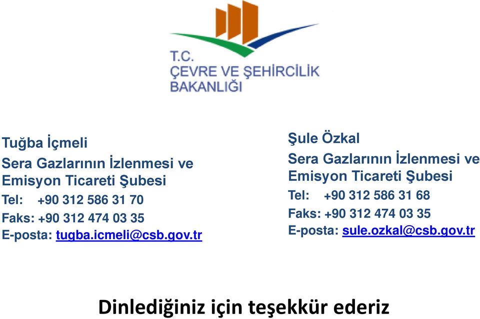 tr Şule Özkal Sera Gazlarının İzlenmesi ve Emisyon Ticareti Şubesi Tel: +90 312