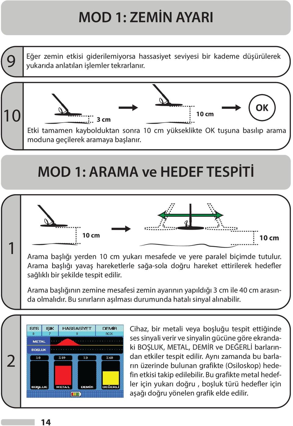 MOD 1: ARAMA ve HEDEF TESPİTİ 1 10 cm 10 cm Arama başlığı yerden 10 cm yukarı mesafede ve yere paralel biçimde tutulur.