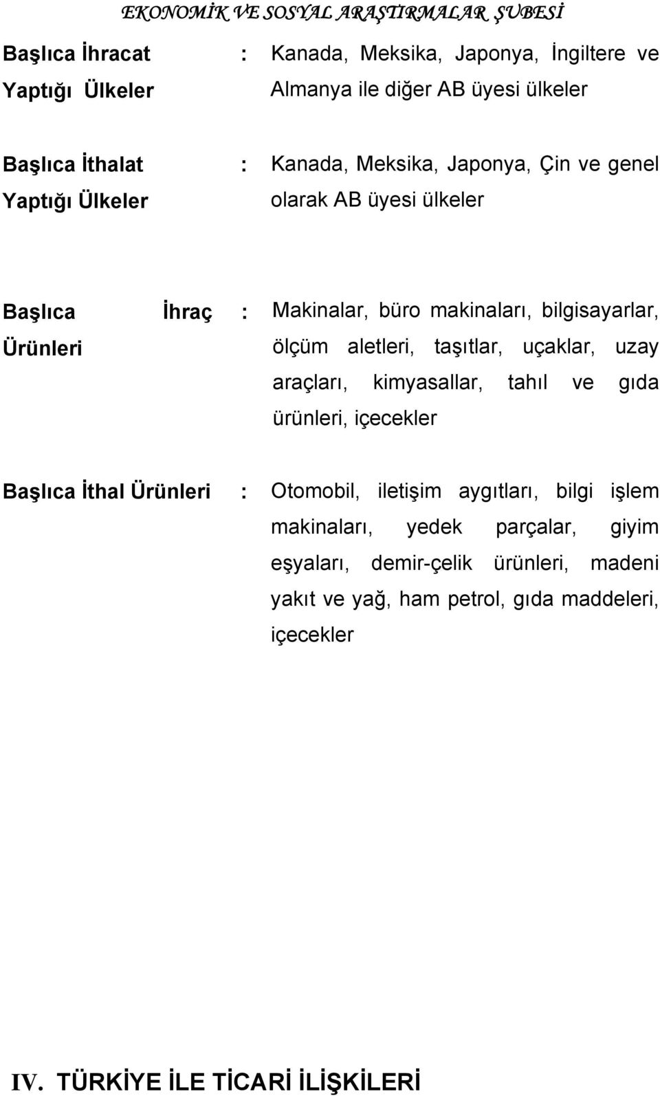 taşıtlar, uçaklar, uzay araçları, kimyasallar, tahıl ve gıda ürünleri, içecekler Başlıca İthal Ürünleri : Otomobil, iletişim aygıtları, bilgi işlem