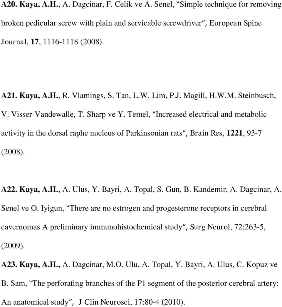 Temel, Increased electrical and metabolic activity in the dorsal raphe nucleus of Parkinsonian rats, Brain Res, 1221, 93-7 (2008). A22. Kaya, A.H., A. Ulus, Y. Bayri, A. Topal, S. Gun, B. Kandemir, A.