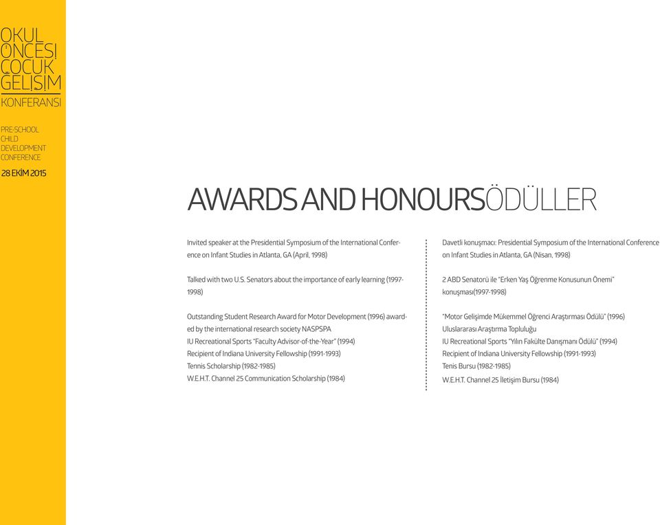 Öğrenme Konusunun Önemi konuşması(1997-1998) Outstanding Student Research Award for Motor Development (1996) awarded by the international research society NASPSPA IU Recreational Sports Faculty