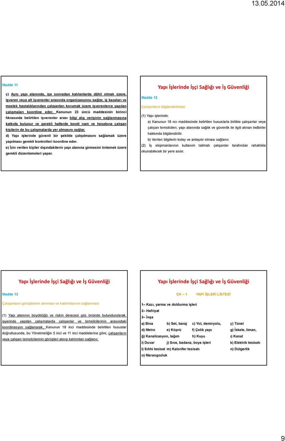 kendi nam ve hesabına çalışan kişilerin de bu çalışmalarda yer almasını sağlar. d) Yapı işlerinde güvenli bir şekilde çalışılmasını sağlamak üzere yapılması gerekli kontrolleri koordine eder.