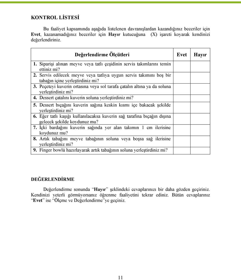 Servis edilecek meyve veya tatlıya uygun servis takımını boş bir tabağın içine yerleştirdiniz mi? 3. Peçeteyi kuverin ortasına veya sol tarafa çatalın altına ya da soluna yerleştirdiniz mi? 4.