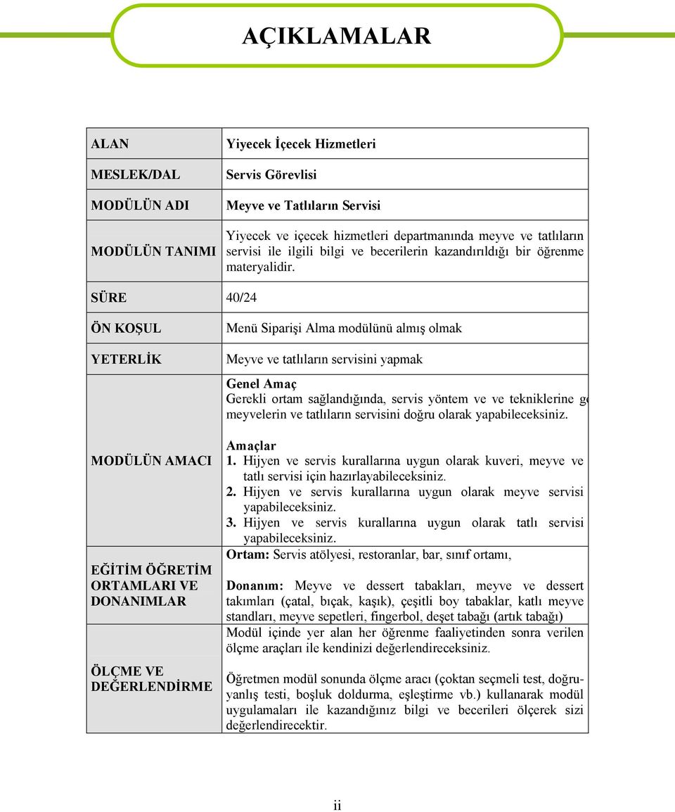 SÜRE 40/24 ÖN KOŞUL YETERLİK MODÜLÜN AMACI EĞİTİM ÖĞRETİM ORTAMLARI VE DONANIMLAR ÖLÇME VE DEĞERLENDİRME Menü Siparişi Alma modülünü almış olmak Meyve ve tatlıların servisini yapmak Genel Amaç