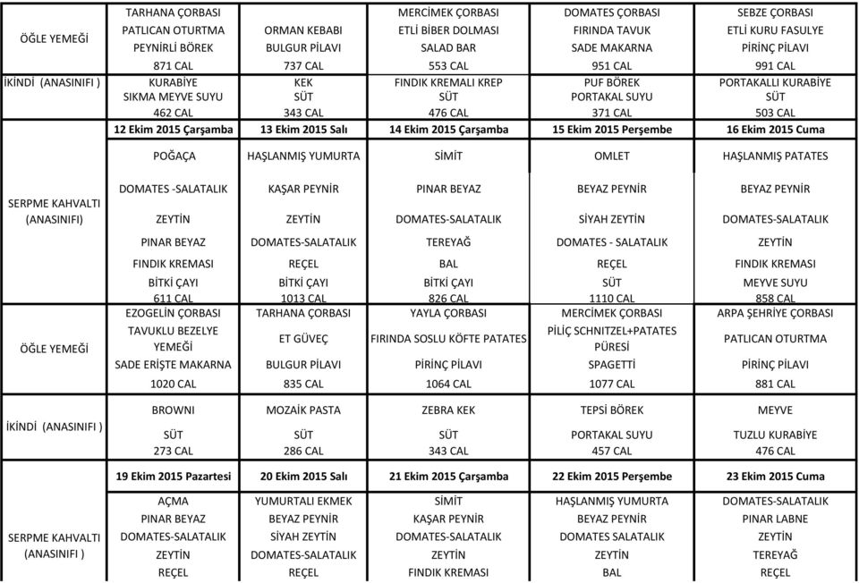 Ekim 2015 Çarşamba 15 Ekim 2015 Perşembe 16 Ekim 2015 Cuma POĞAÇA HAŞLANMIŞ YUMURTA SİMİT OMLET HAŞLANMIŞ PATATES (ANASINIFI) İKİNDİ DOMATES -SALATALIK KAŞAR PEYNİR PINAR BEYAZ BEYAZ PEYNİR BEYAZ
