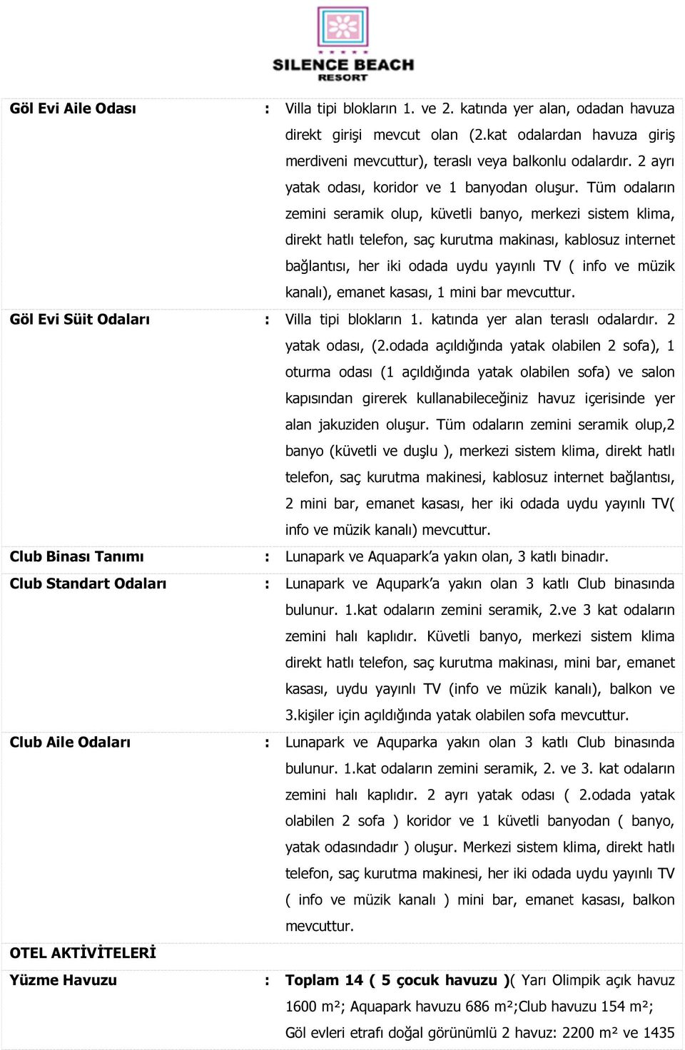 Tüm odaların zemini seramik olup, küvetli banyo, merkezi sistem klima, direkt hatlı telefon, saç kurutma makinası, kablosuz internet bağlantısı, her iki odada uydu yayınlı TV ( info ve müzik kanalı),