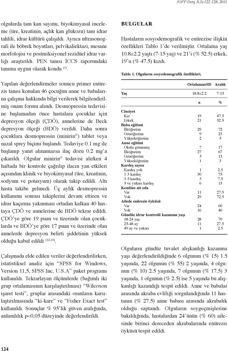 Yapılan değerlendirmeler sonucu primer enürezis tanısı konulan 46 çocuğun anne ve babalarına çalışma hakkında bilgi verilerek bilgilendirilmiş onam formu alındı.