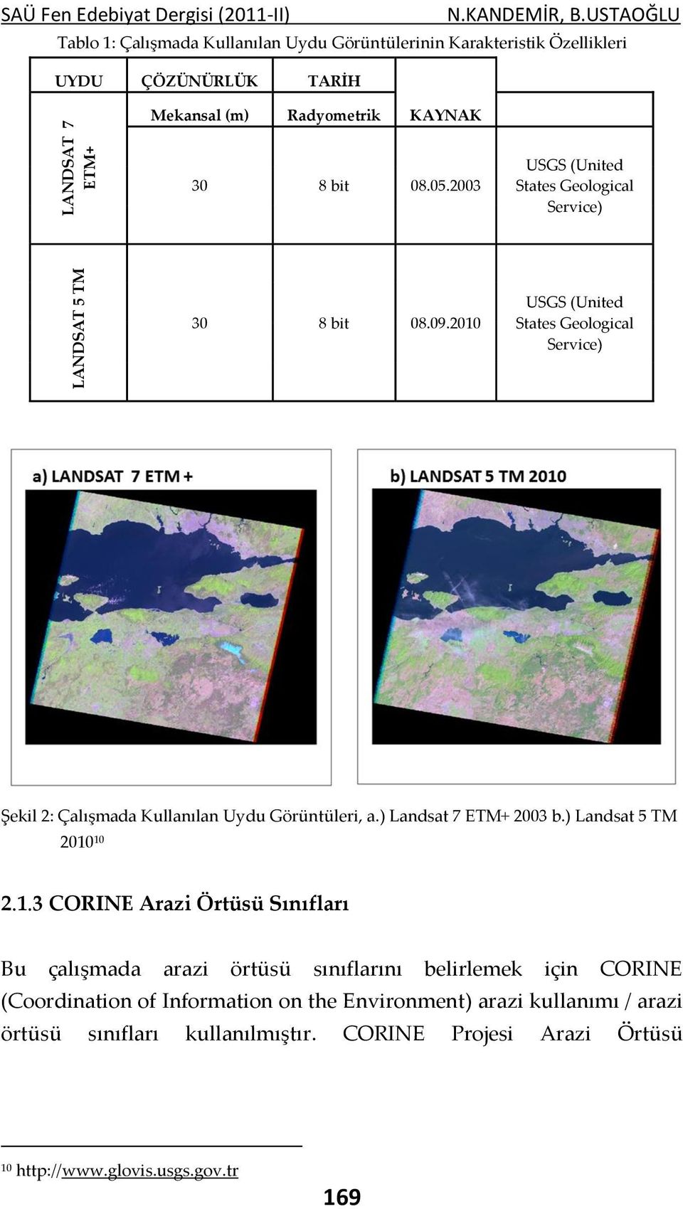2010 USGS (United States Geological Service) Şekil 2: Çalışmada Kullanılan Uydu Görüntüleri, a.) Landsat 7 ETM+ 2003 b.) Landsat 5 TM 2010 10 2.1.3 CORINE Arazi