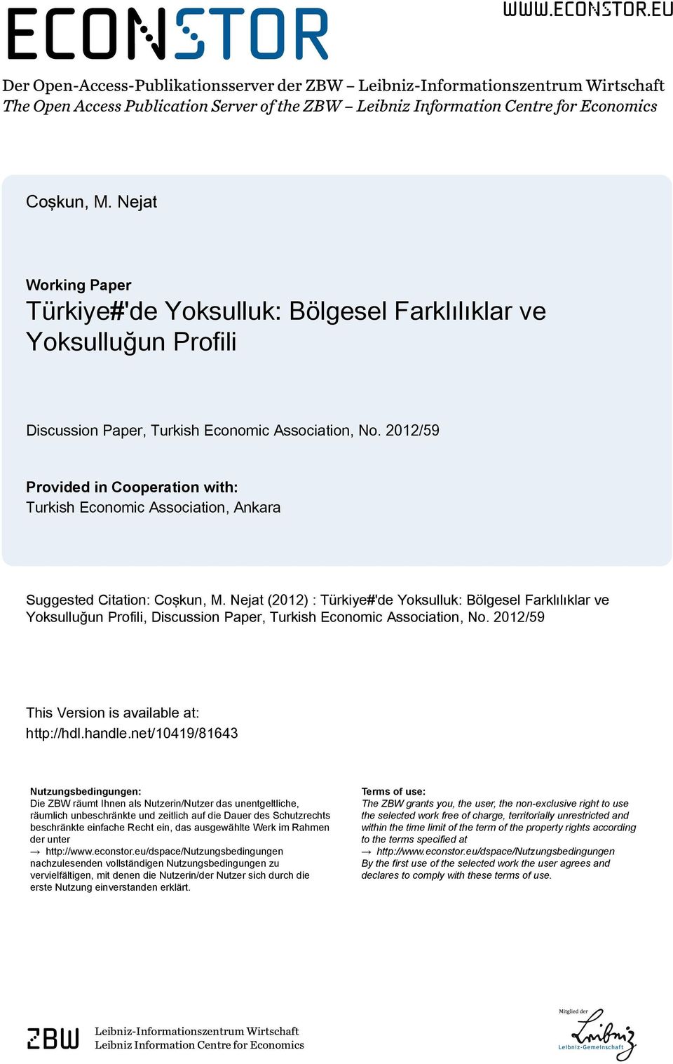 2012/59 Provided in Cooperation with: Turkish Economic Association, Ankara Suggested Citation: Coşkun, M.