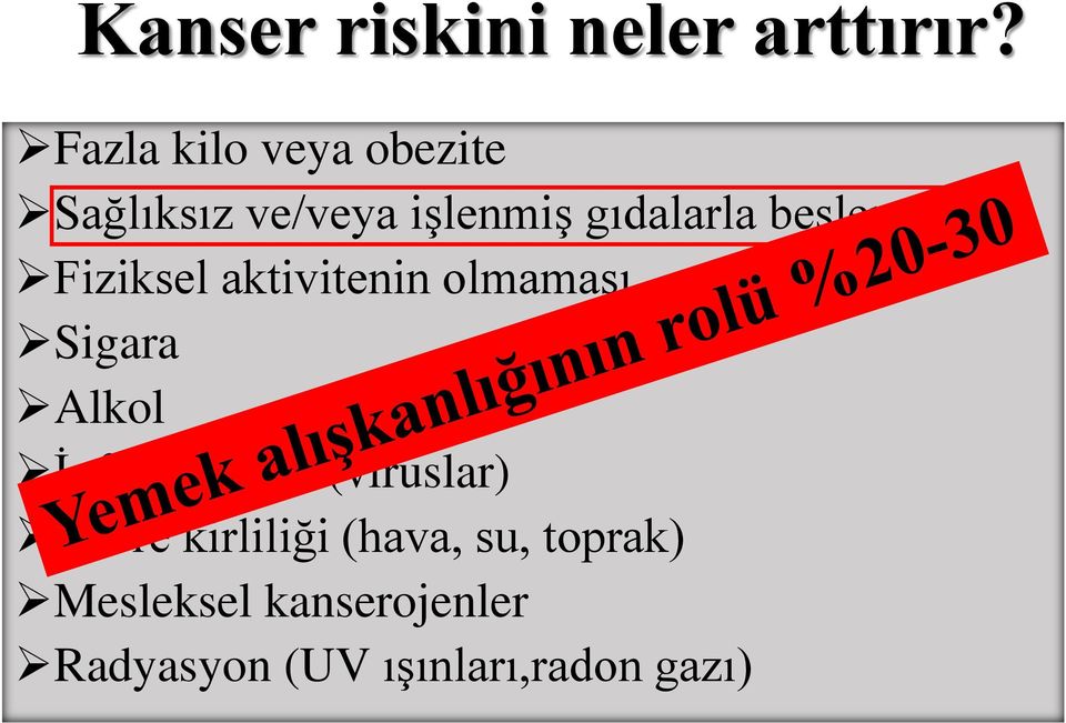 beslenme Fiziksel aktivitenin olmaması Sigara Alkol İnfeksiyonlar