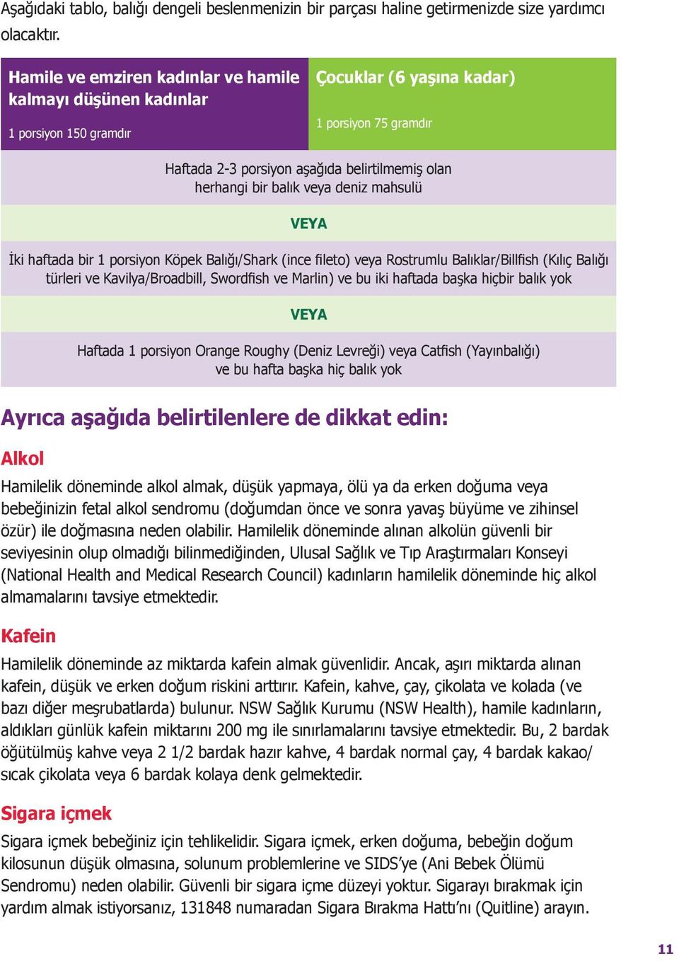 veya deniz mahsulü VEYA İki haftada bir 1 porsiyon Köpek Balığı/Shark (ince fileto) veya Rostrumlu Balıklar/Billfish (Kılıç Balığı türleri ve Kavilya/Broadbill, Swordfish ve Marlin) ve bu iki haftada