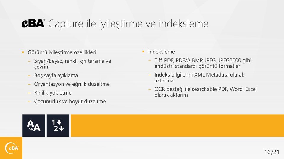 düzeltme İndeksleme Tiff, PDF, PDF/A BMP, JPEG, JPEG2000 gibi endüstri standardı görüntü formatlar