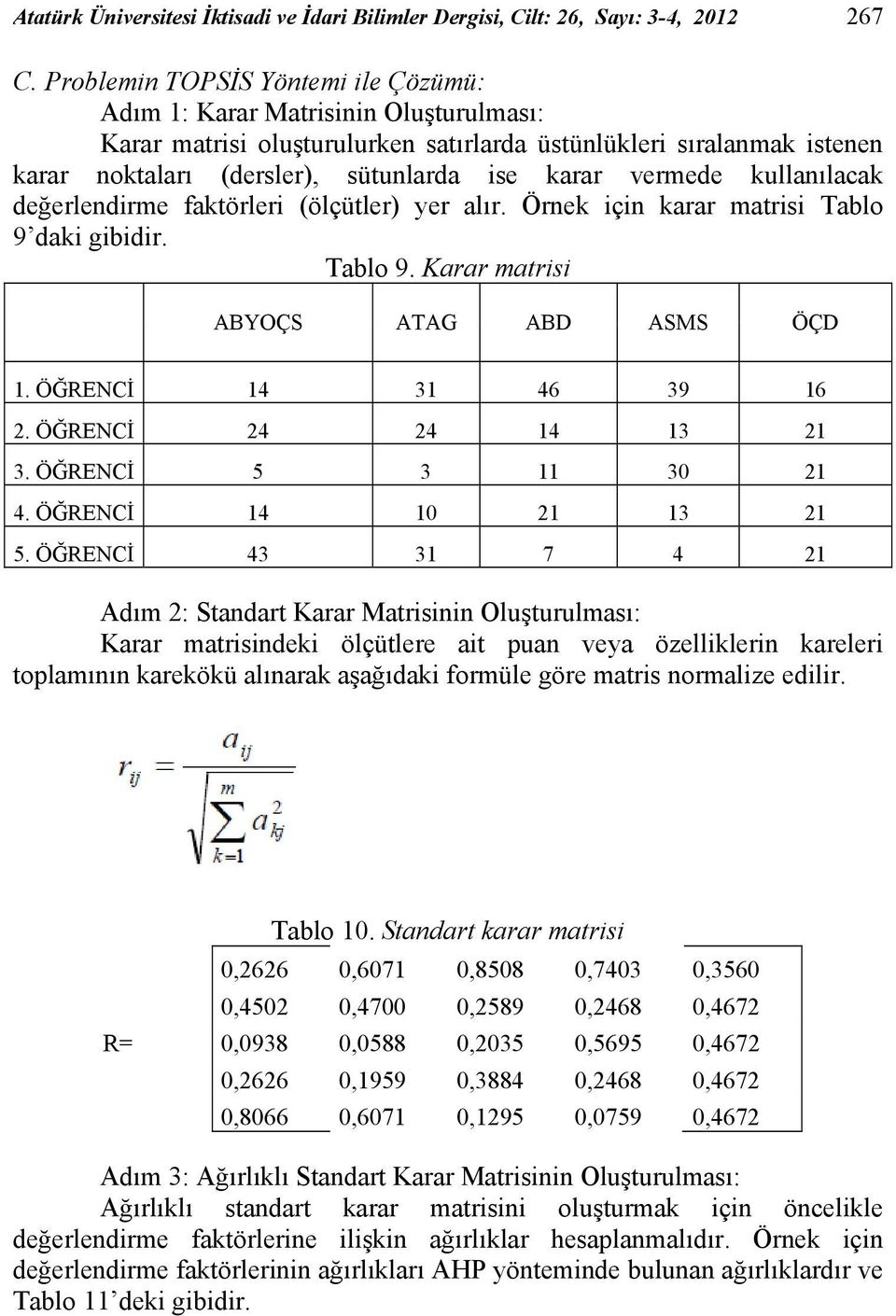 vermede kullanılacak değerlendirme faktörleri (ölçütler) yer alır. Örnek için karar matrisi Tablo 9 daki gibidir. Tablo 9. Karar matrisi ABYOÇS ATAG ABD ASMS ÖÇD 1. ÖĞRENCİ 14 31 46 39 16 2.