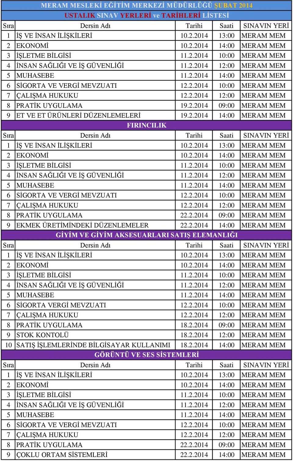 2.2014 10:00 MERAM MEM 9 STOK KONTOLÜ 18.2.2014 12:00 MERAM MEM 10 SATIŞ İŞLEMLERİNDE BİLGİSAYAR KULLANIMI 18.2.2014 14:00 MERAM MEM GÖRÜNTÜ VE SES SİSTEMLERİ 8 PRATİK UYGULAMA 22.