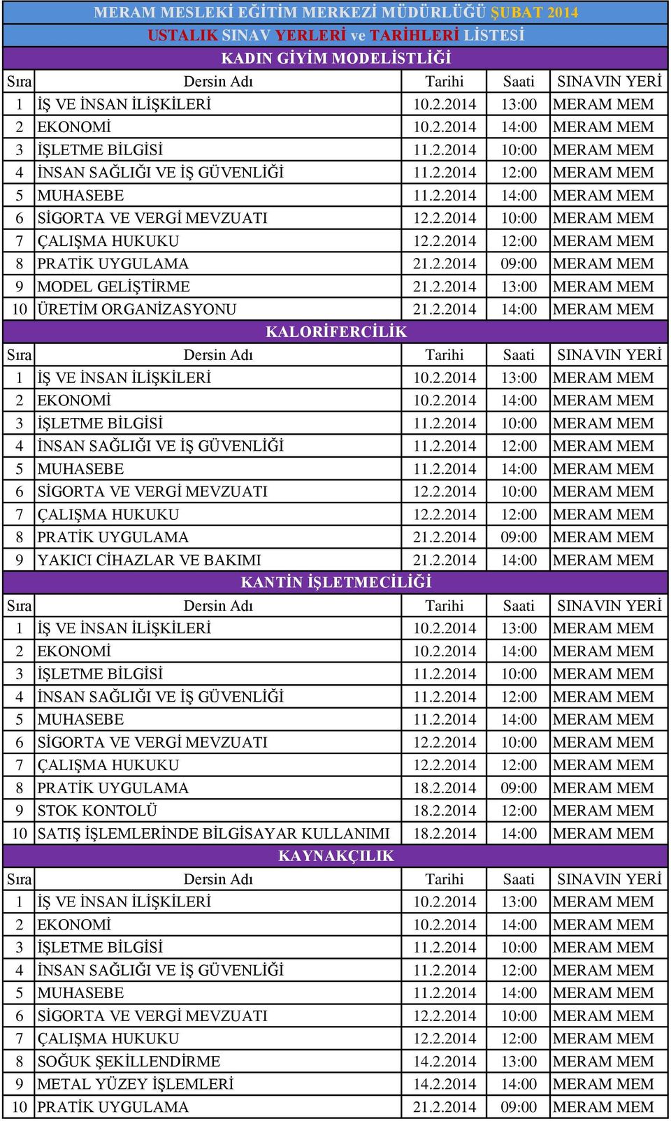 2.2014 14:00 MERAM MEM KAYNAKÇILIK 8 SOĞUK ŞEKİLLENDİRME 14.2.2014 13:00 MERAM MEM 9 METAL YÜZEY İŞLEMLERİ 14.2.2014 14:00 MERAM MEM 10 PRATİK UYGULAMA 21.