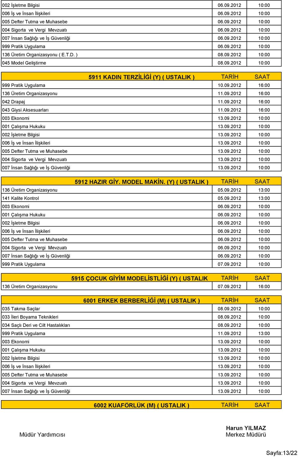 (Y) ( USTALIK ) TARİH SAAT 136 Üretim Organizasyonu 05.09.2012 13:00 141 Kalite Kontrol 05.09.2012 13:00 999 Pratik Uygulama 07.09.2012 10:00 5915 ÇOCUK GİYİM MODELİSTLİĞİ (Y) ( USTALIK ) TARİH SAAT 136 Üretim Organizasyonu 07.