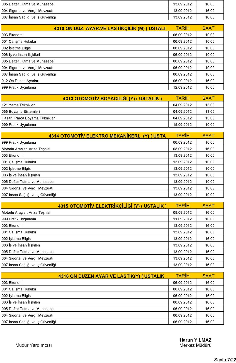 (Y) ( USTALIK )TARİH SAAT 999 Pratik Uygulama 06.09.2012 10:00 Motorlu Araçlar. Arıza Teşhisi 08.09.2012 16:00 4315 OTOMOTİV ELEKTRİKÇİLİĞİ (Y) ( USTALIK ) TARİH SAAT Motorlu Araçlar.