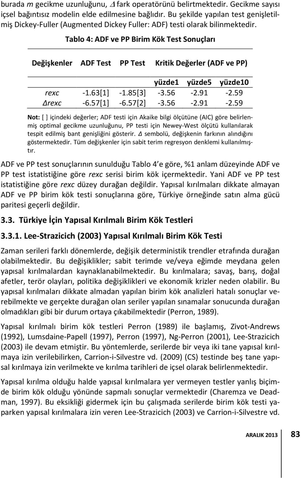 Tablo 4: ADF ve PP Birim Kök Test Sonuçları Değişkenler ADF Test PP Test Kritik Değerler (ADF ve PP) yüzde1 yüzde5 yüzde10 rexc -1.63[1] -1.85[3] -3.56-2.91-2.