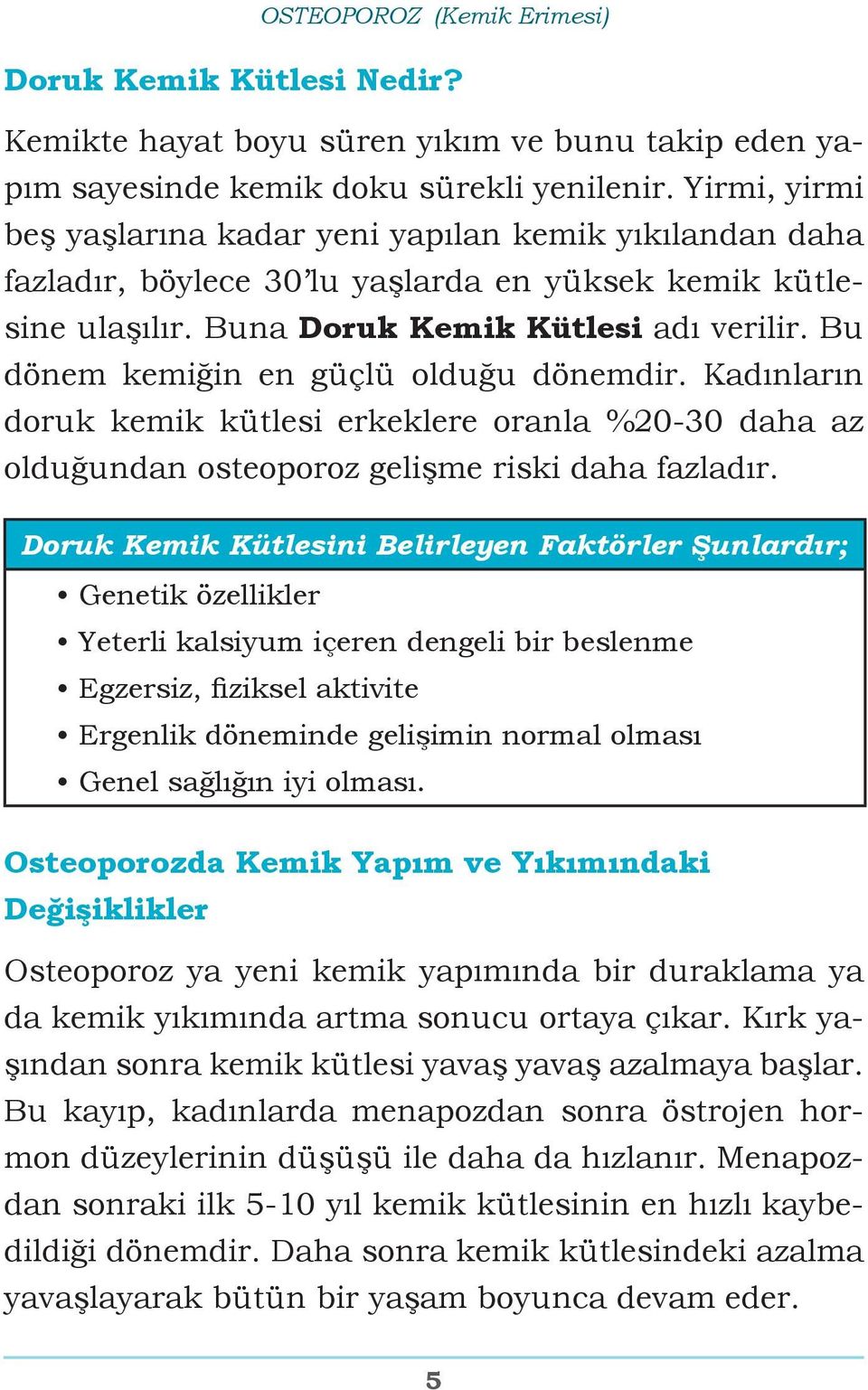 Bu dönem kemiğin en güçlü olduğu dönemdir. Kadınların doruk kemik kütlesi erkeklere oranla %20-30 daha az olduğundan osteoporoz gelişme riski daha fazladır.