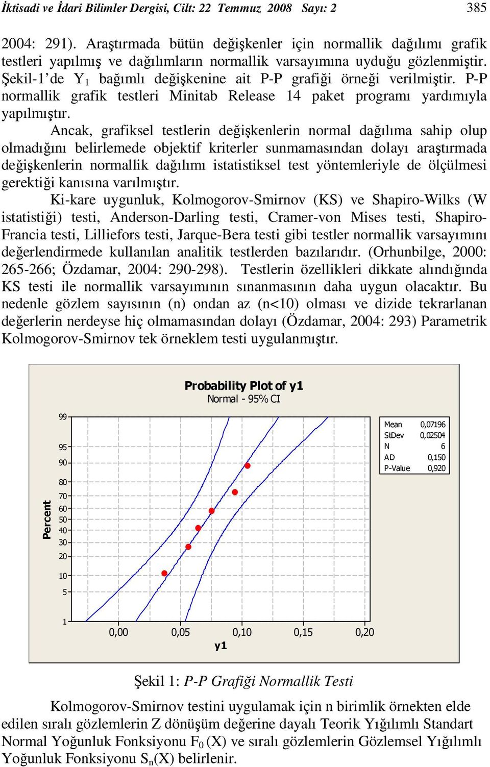 Şekil-1 de Y 1 bağımlı değişkenine ait P-P grafiği örneği verilmiştir. P-P normallik grafik testleri Minitab Release 14 paket programı yardımıyla yapılmıştır.