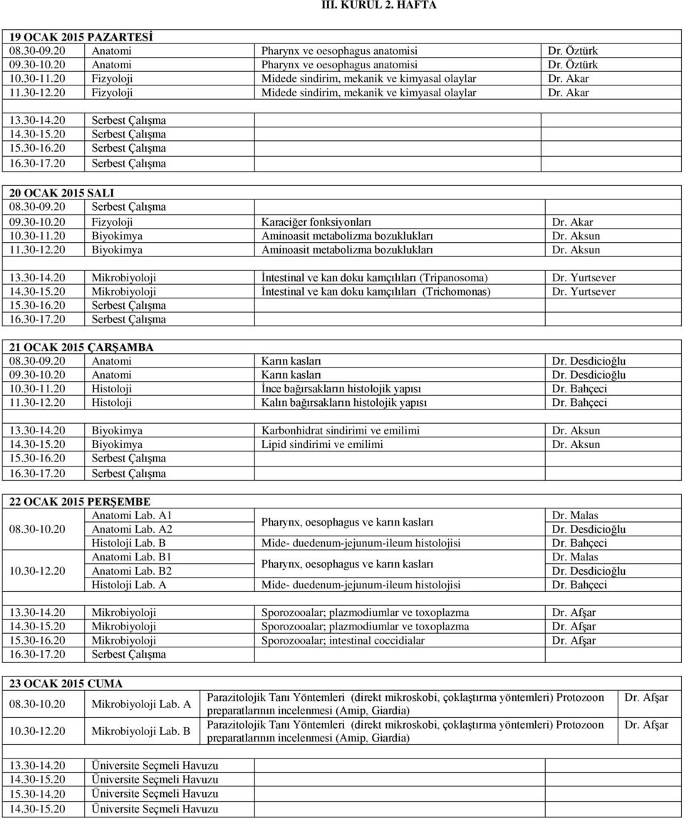 20 Fizyoloji Karaciğer fonksiyonları Dr. Akar 10.30-11.20 Biyokimya Aminoasit metabolizma bozuklukları Dr. Aksun 11.30-12.20 Biyokimya Aminoasit metabolizma bozuklukları Dr. Aksun 13.30-14.