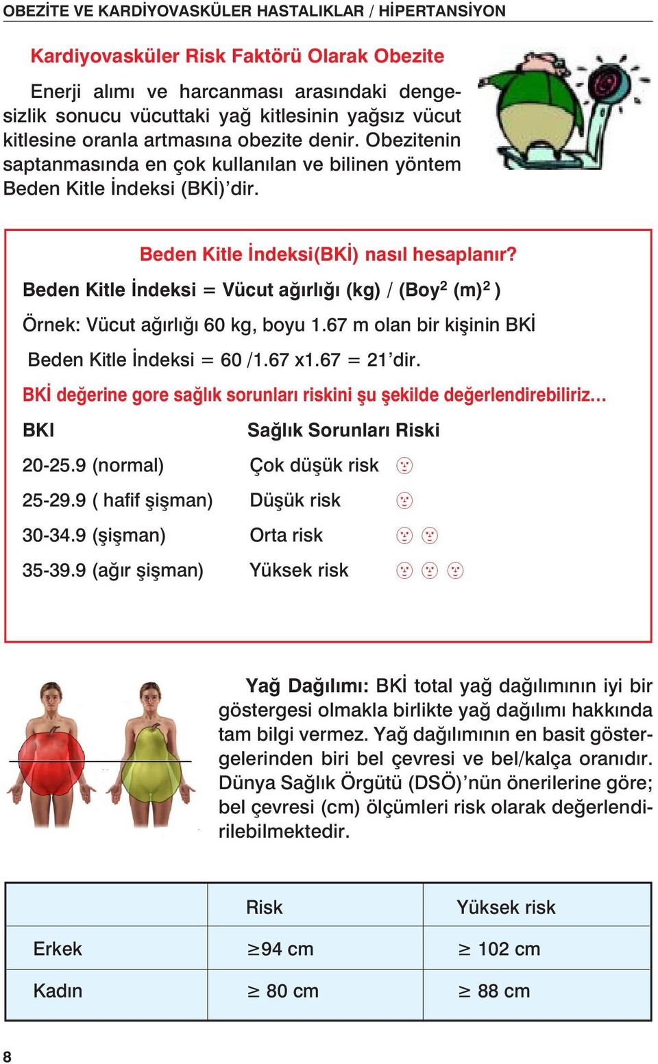 Beden Kitle İndeksi = Vücut ağırlığı (kg) / (Boy 2 (m) 2 ) Örnek: Vücut ağırlığı 60 kg, boyu 1.67 m olan bir kişinin BKİ Beden Kitle İndeksi = 60 /1.67 x1.67 = 21 dir.