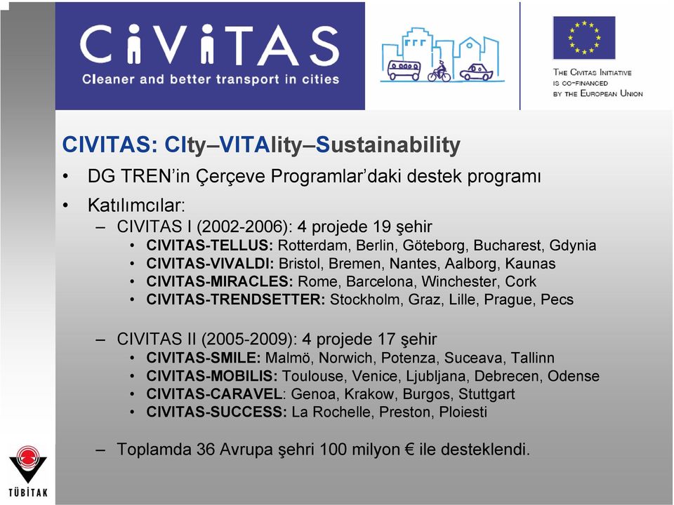 Stockholm, Graz, Lille, Prague, Pecs CIVITAS II (2005-2009): 4 projede 17 şehir CIVITAS-SMILE: Malmö, Norwich, Potenza, Suceava, Tallinn CIVITAS-MOBILIS: Toulouse, Venice,