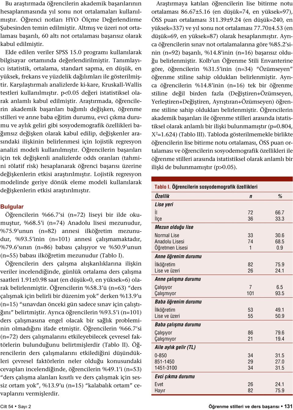 Tanımlayıcı istatistik, ortalama, standart sapma, en düşük, en yüksek, frekans ve yüzdelik dağılımları ile gösterilmiştir. Karşılaştırmalı analizlerde ki-kare, Kruskall-Wallis testleri kullanılmıştır.