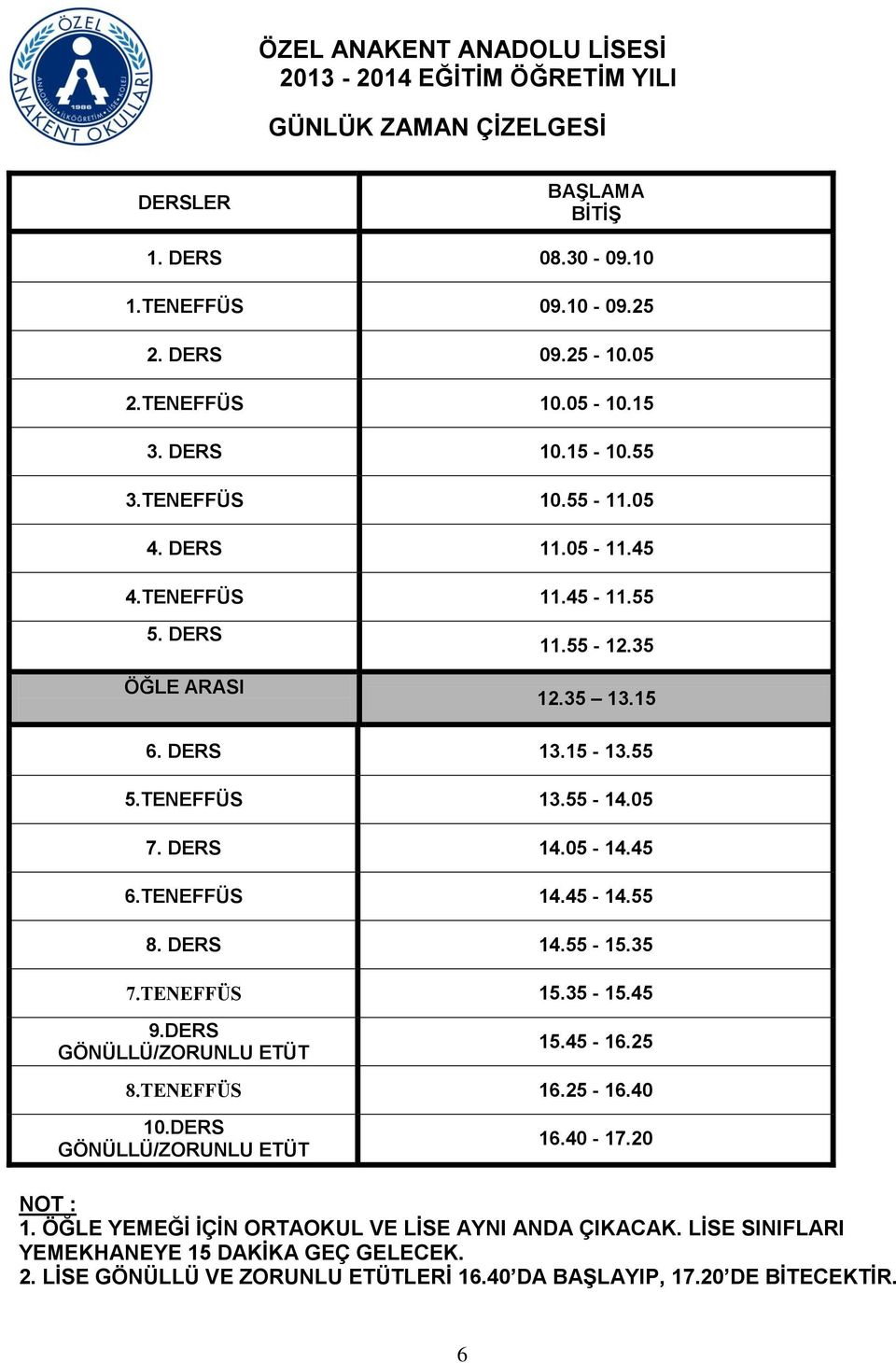 DERS 14.05-14.45 6.TENEFFÜS 14.45-14.55 8. DERS 14.55-15.35 7.TENEFFÜS 15.35-15.45 9.DERS GÖNÜLLÜ/ZORUNLU ETÜT 15.45-16.25 8.TENEFFÜS 16.25-16.40 10.DERS GÖNÜLLÜ/ZORUNLU ETÜT 16.40-17.