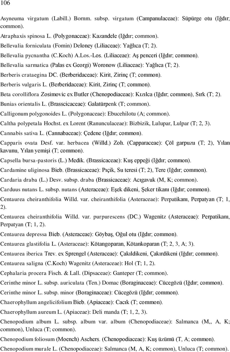 (Liliaceae): Aş penceri (Iğdır; Bellevalia sarmatica (Palas ex Georgi) Woronow (Liliaceae): Yağlıca (T; 2). Berberis crataegina DC. (Berberidaceae): Kirit, Zirinç (T; Berberis vulgaris L.