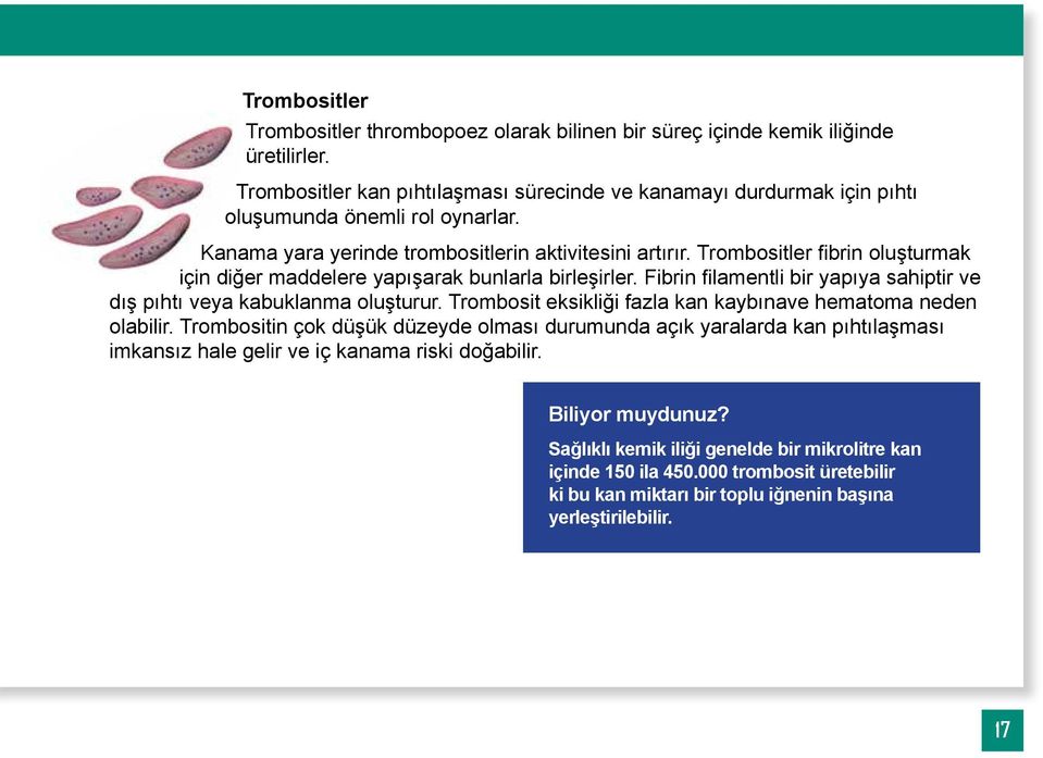 Trombositler fibrin oluşturmak için diğer maddelere yapışarak bunlarla birleşirler. Fibrin filamentli bir yapıya sahiptir ve dış pıhtı veya kabuklanma oluşturur.