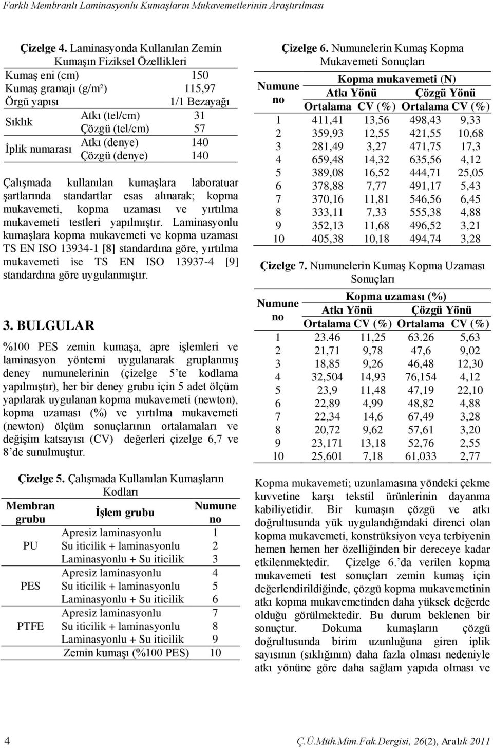 (denye) 140 Çözgü (denye) 140 Çalışmada kullanılan kumaşlara laboratuar şartlarında standartlar esas alınarak; kopma mukavemeti, kopma uzaması ve yırtılma mukavemeti testleri yapılmıştır.