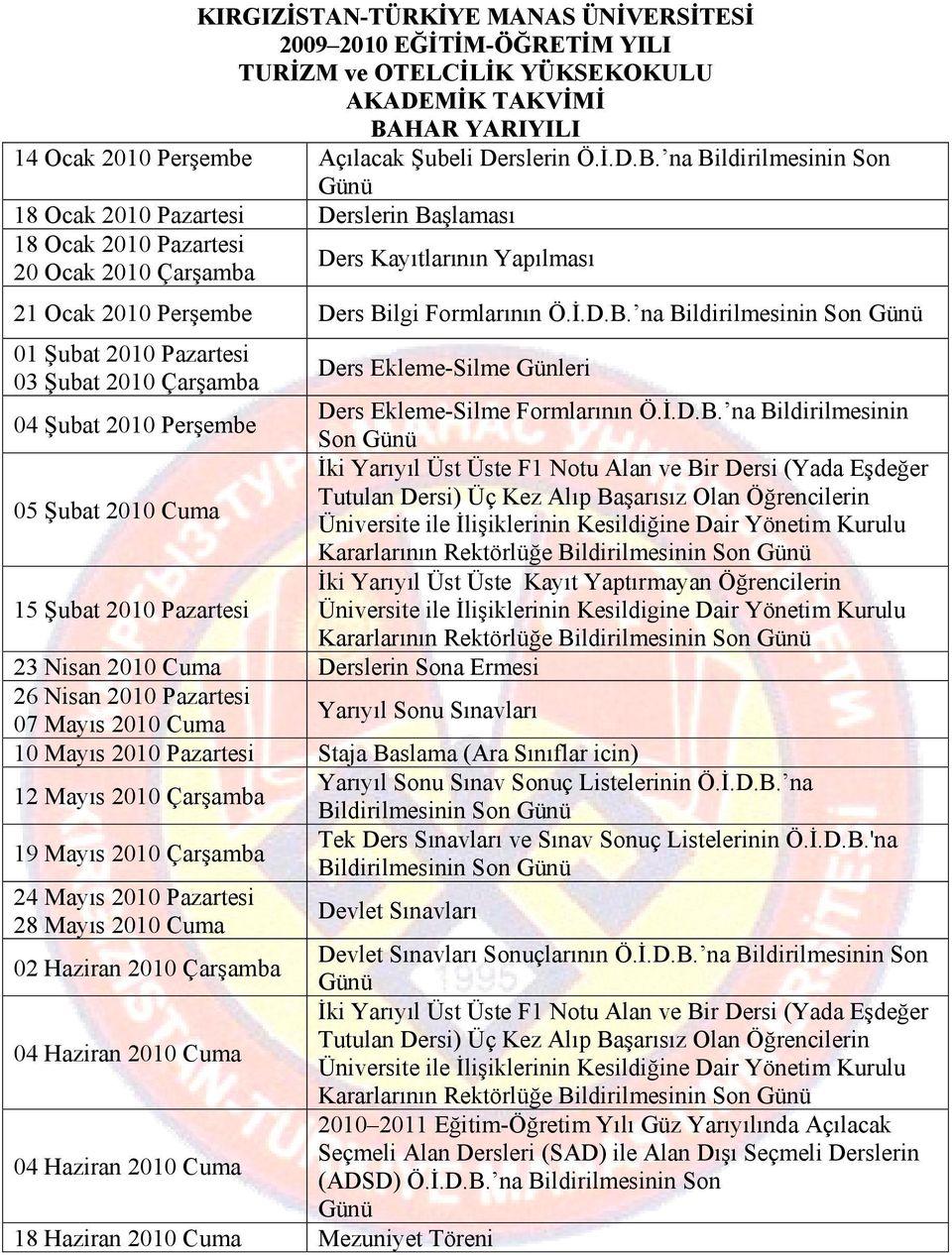 na 01 Şubat 2010 Pazartesi 03 Şubat 2010 Çarşamba 04 Şubat 2010 Perşembe Son 05 Şubat 2010 Cuma Kararlarının Rektörlüğe İki Yarıyıl Üst Üste Kayıt Yaptırmayan Öğrencilerin 15 Şubat 2010 Pazartesi