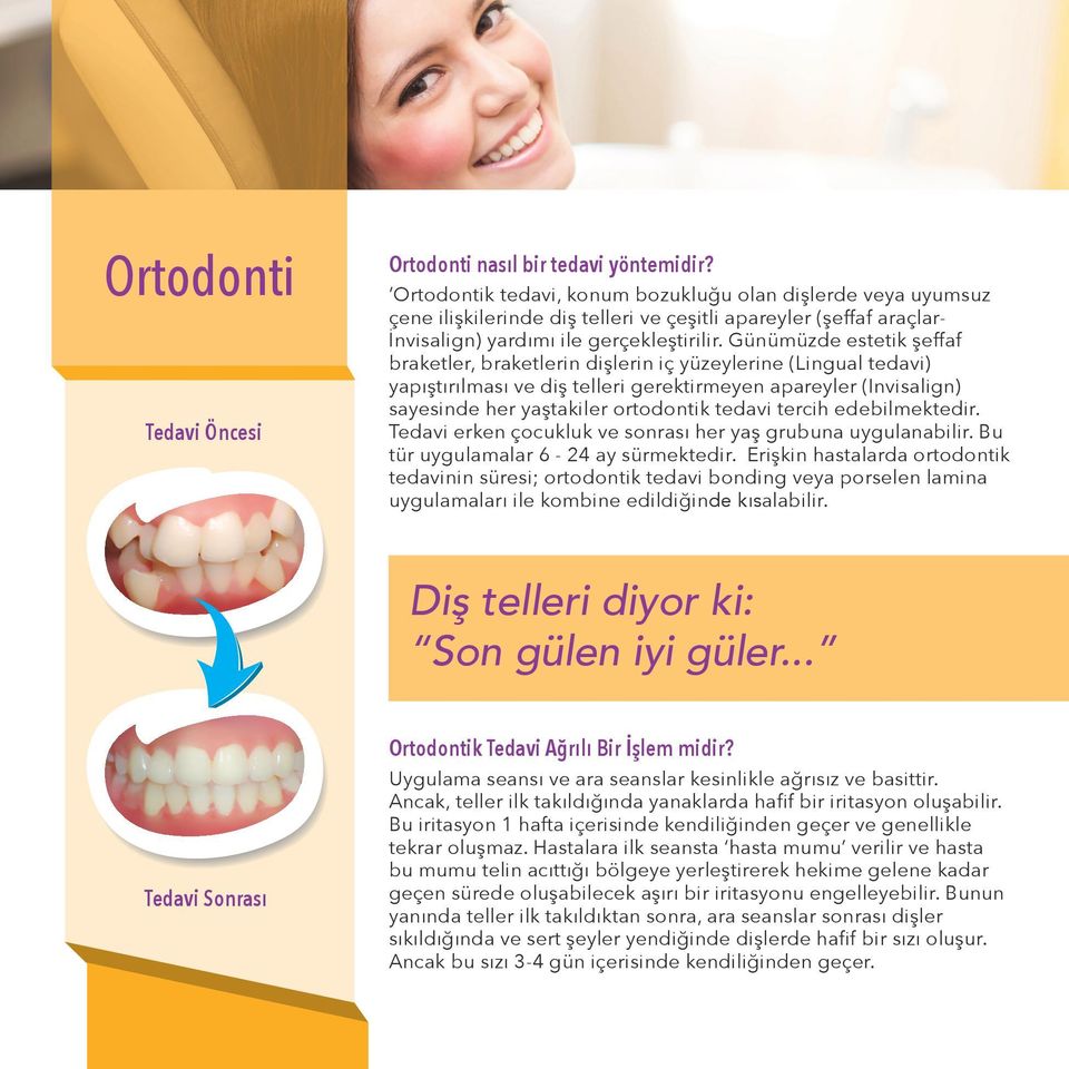 Günümüzde estetik şeffaf braketler, braketlerin dişlerin iç yüzeylerine (Lingual tedavi) yapıştırılması ve diş telleri gerektirmeyen apareyler (Invisalign) sayesinde her yaştakiler ortodontik tedavi