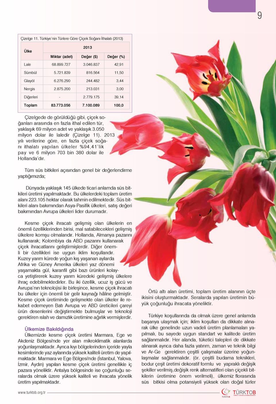 050 milyon dolar ile laledir (Çizelge 11). yılı verilerine göre, en fazla çiçek soğanı ithalatı yapılan ülkeler 94,41 lik pay ve 6 milyon 703 bin 380 dolar ile Hollanda dır.